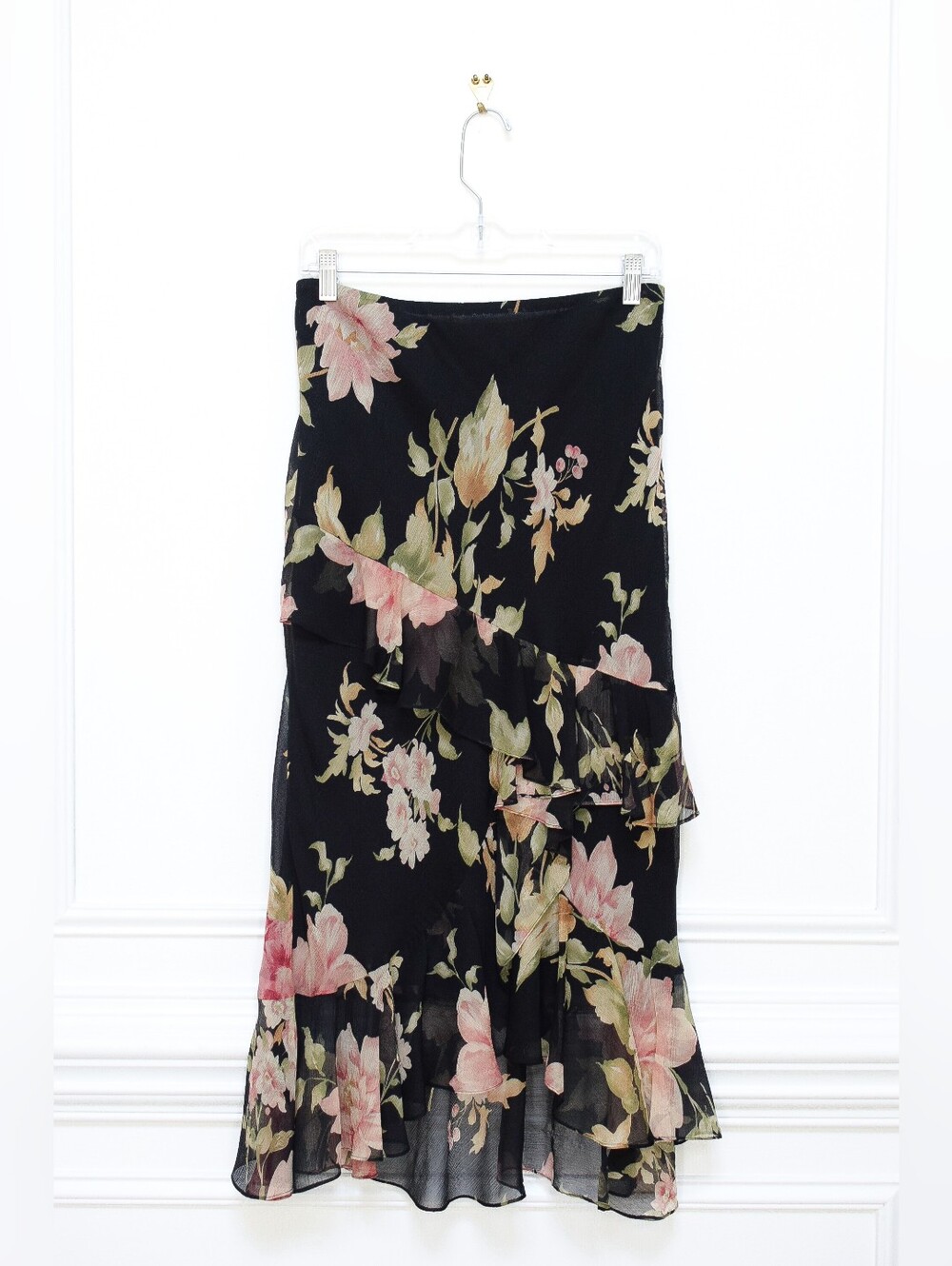 Vintage Ralph Lauren Floral Silk Midi Skirt Low Rise Asymmetrical Size 4 Fairy - Picture 2 of 11
